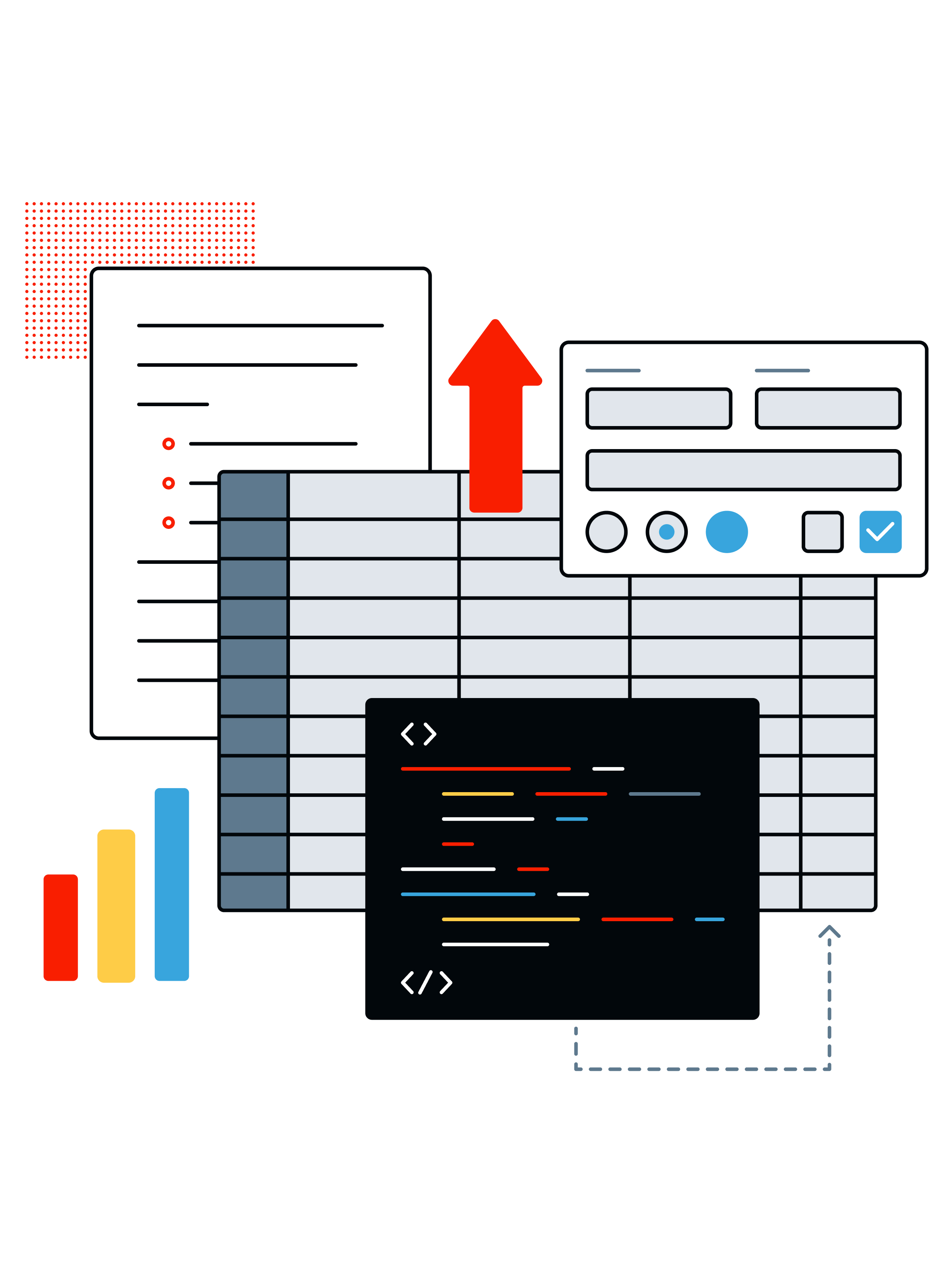 Illustration representing digital ecosystem auditing and modernization. The graphic includes documents, spreadsheets, analytics charts, interface components, and code panels connected through workflow arrows, symbolizing platform inventorying, data analysis, and system optimization. The design uses red, blue, yellow, black, and gray accents on a light gray background.