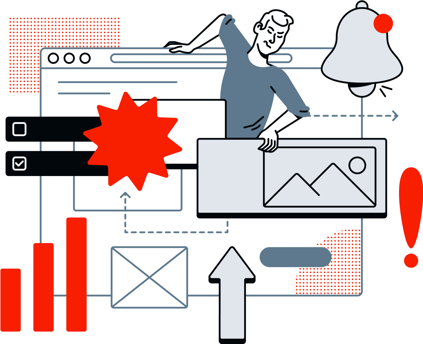 A person struggling to climb out of a mess of web components.